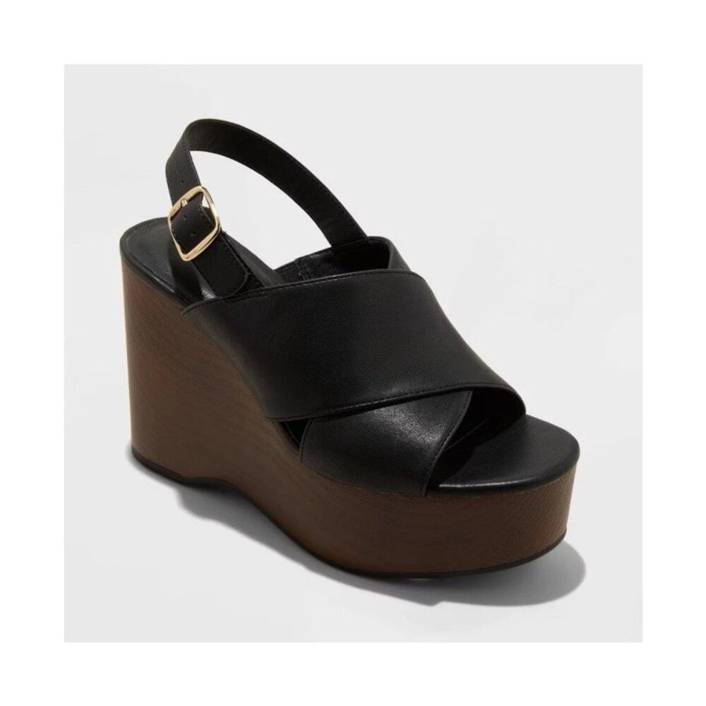 Comfort Platform Wedge Sandals 8 Wood Heel Slingback Memory Foam Black